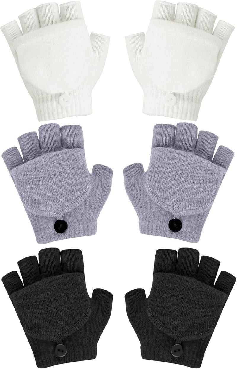 ONESING 3 Pairs Kids Fingerless Gloves with Mitten Cover Convertible Knit Gloves Kids Fingerless Mittens for Boys Girls - Image 1